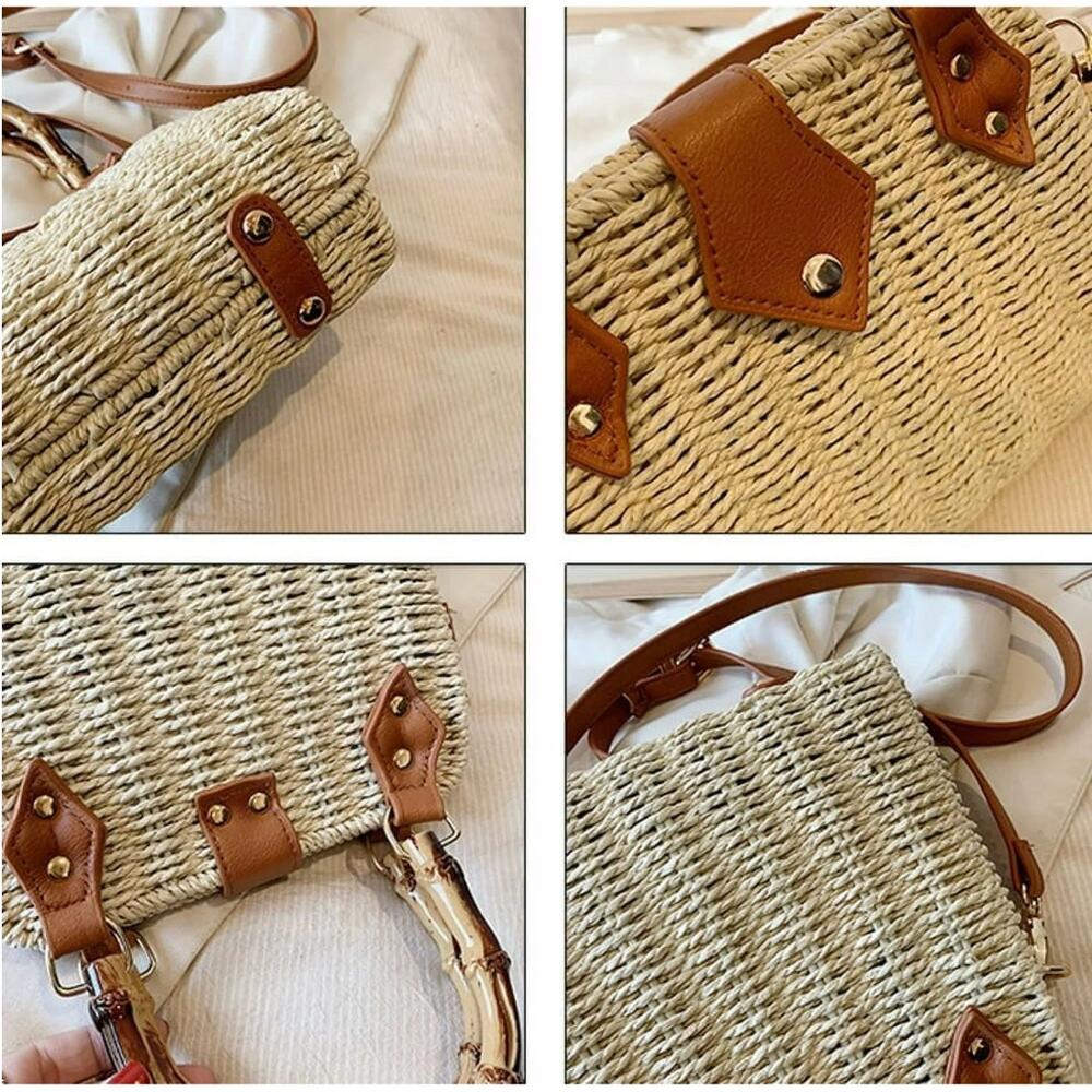 Straw Rattan Handbag Women Khaki Light Top Handle Crossbody Summer Beach Bag - Picture 8 of 9